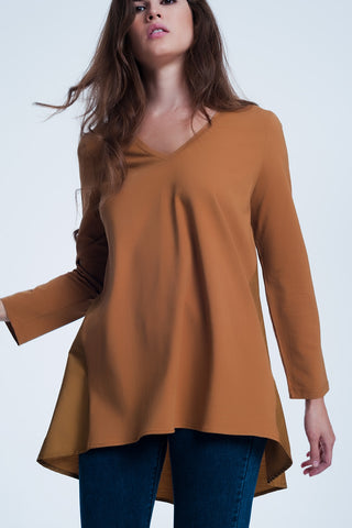 T-shirt long marron à manches longues