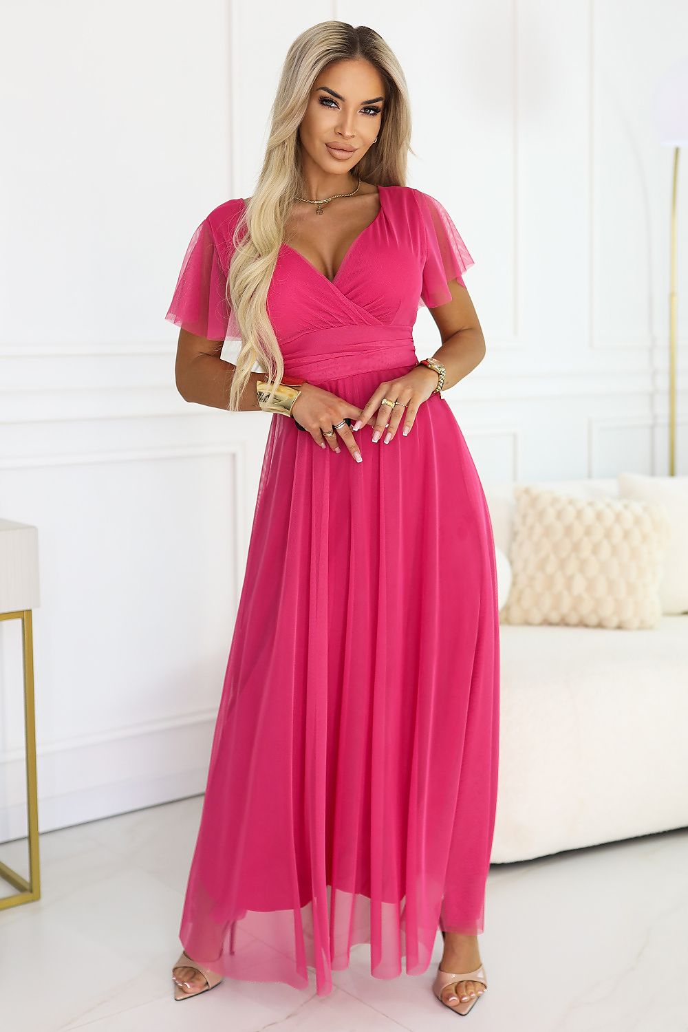 Long dress with transparent butterfly sleeves pink one-size-fits-all - Dresses