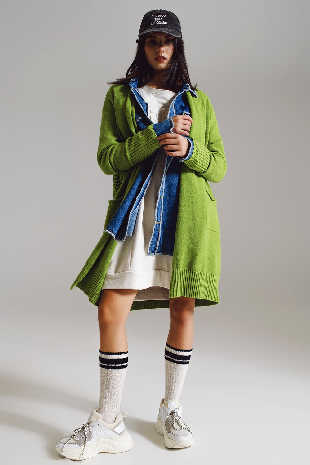 Long green cardigan with folded pockets - Cardigans