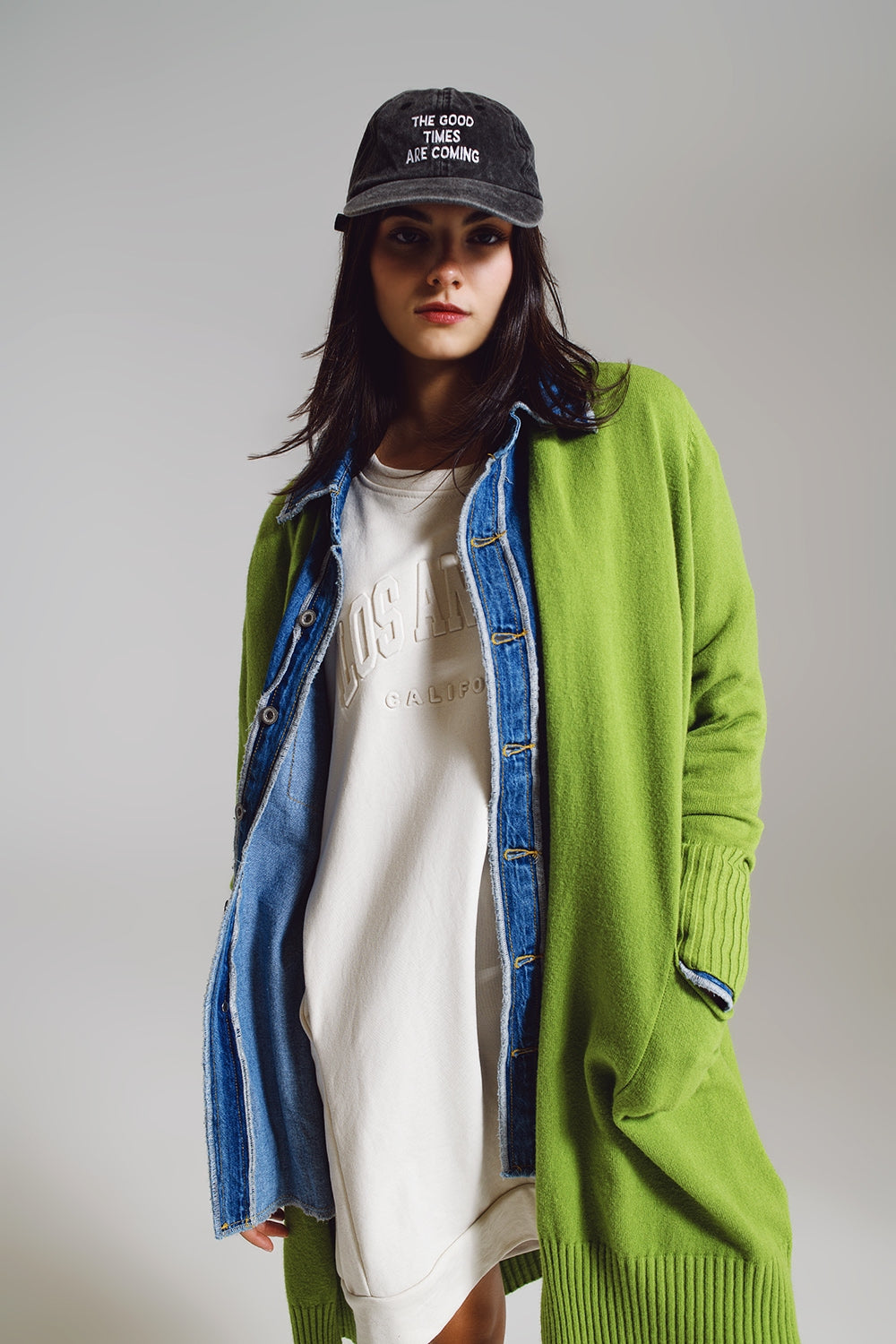 Long green cardigan with folded pockets - Cardigans