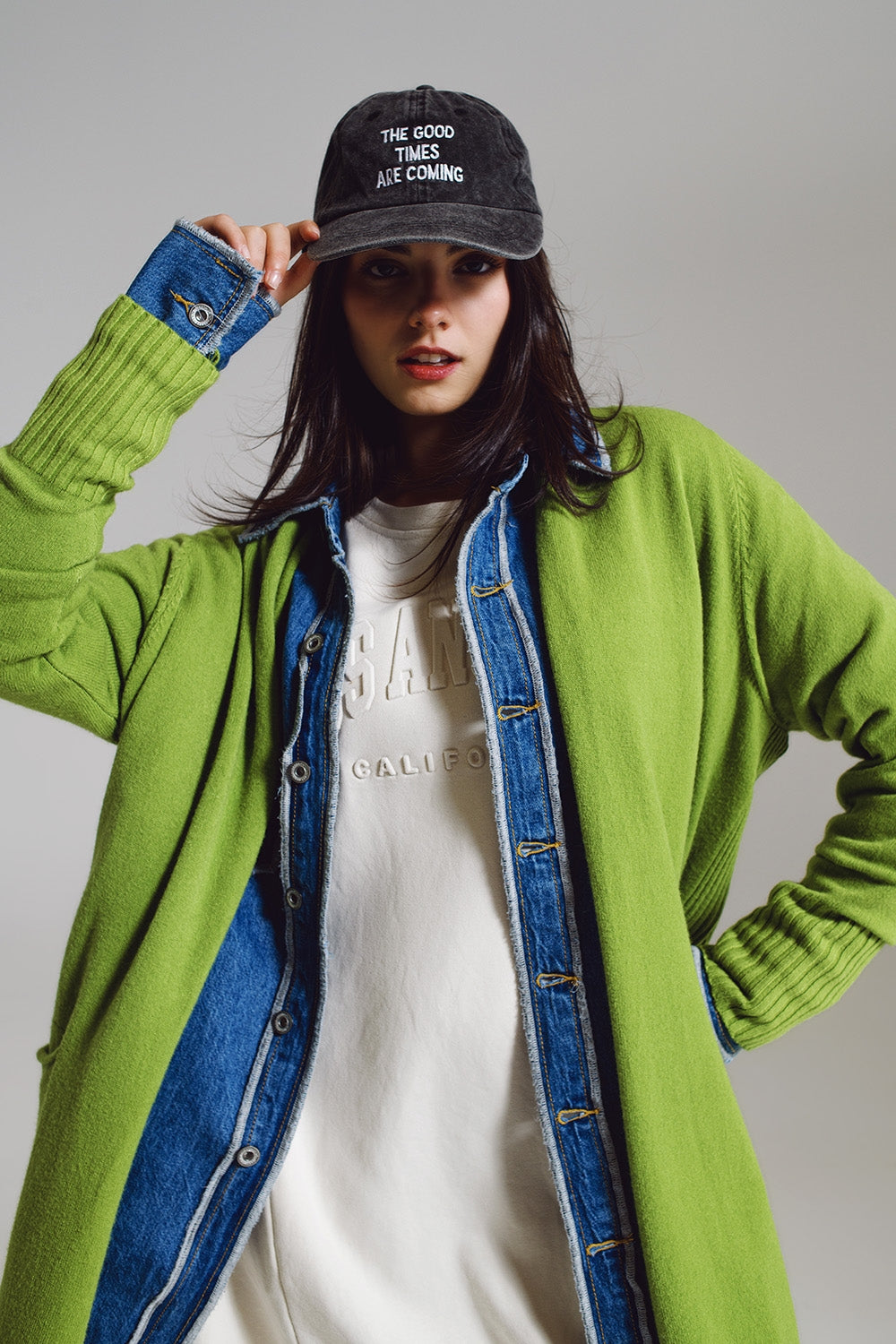 Long green cardigan with folded pockets - Cardigans