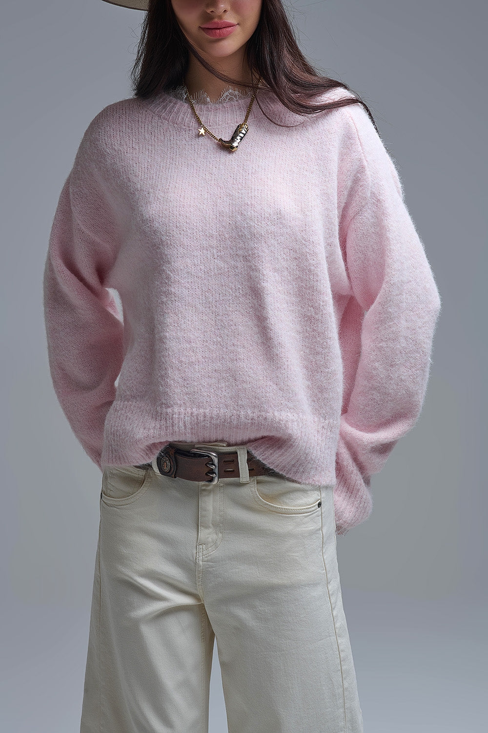Long Oversized Pink Sweater With Lace Details at Cuffs and Neck - Sweaters