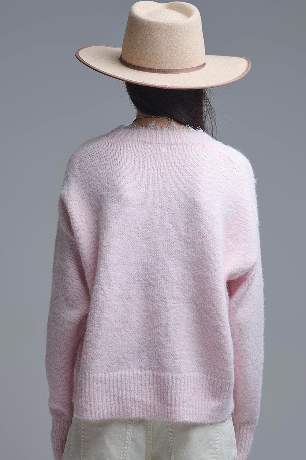 Long Oversized Pink Sweater With Lace Details at Cuffs and Neck - Sweaters