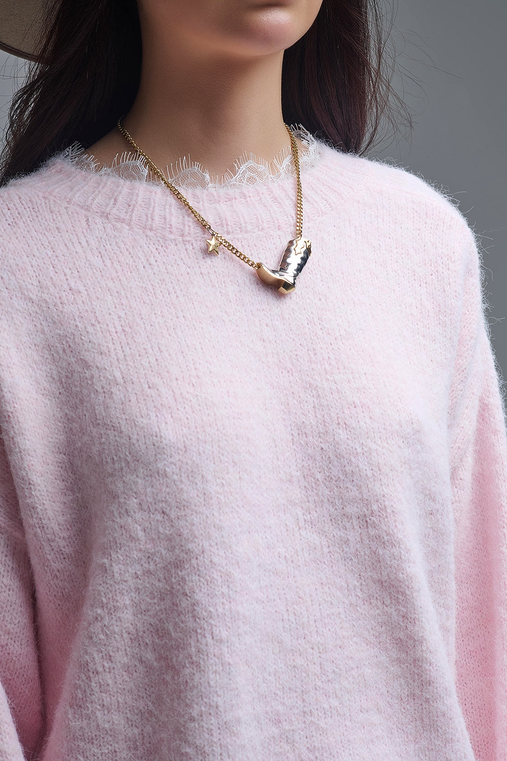 Long Oversized Pink Sweater With Lace Details at Cuffs and Neck - Sweaters