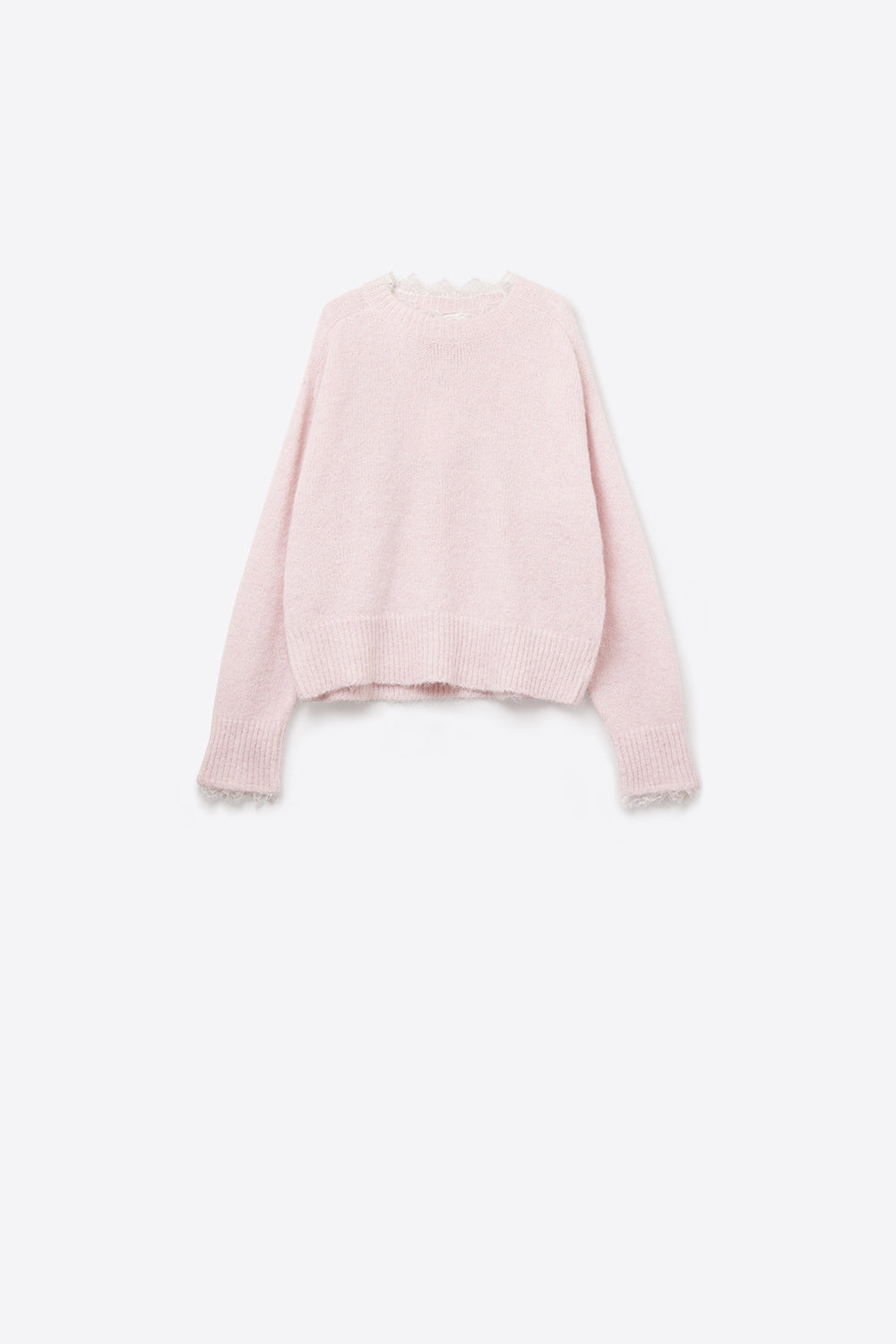 Long Oversized Pink Sweater With Lace Details at Cuffs and Neck - Sweaters