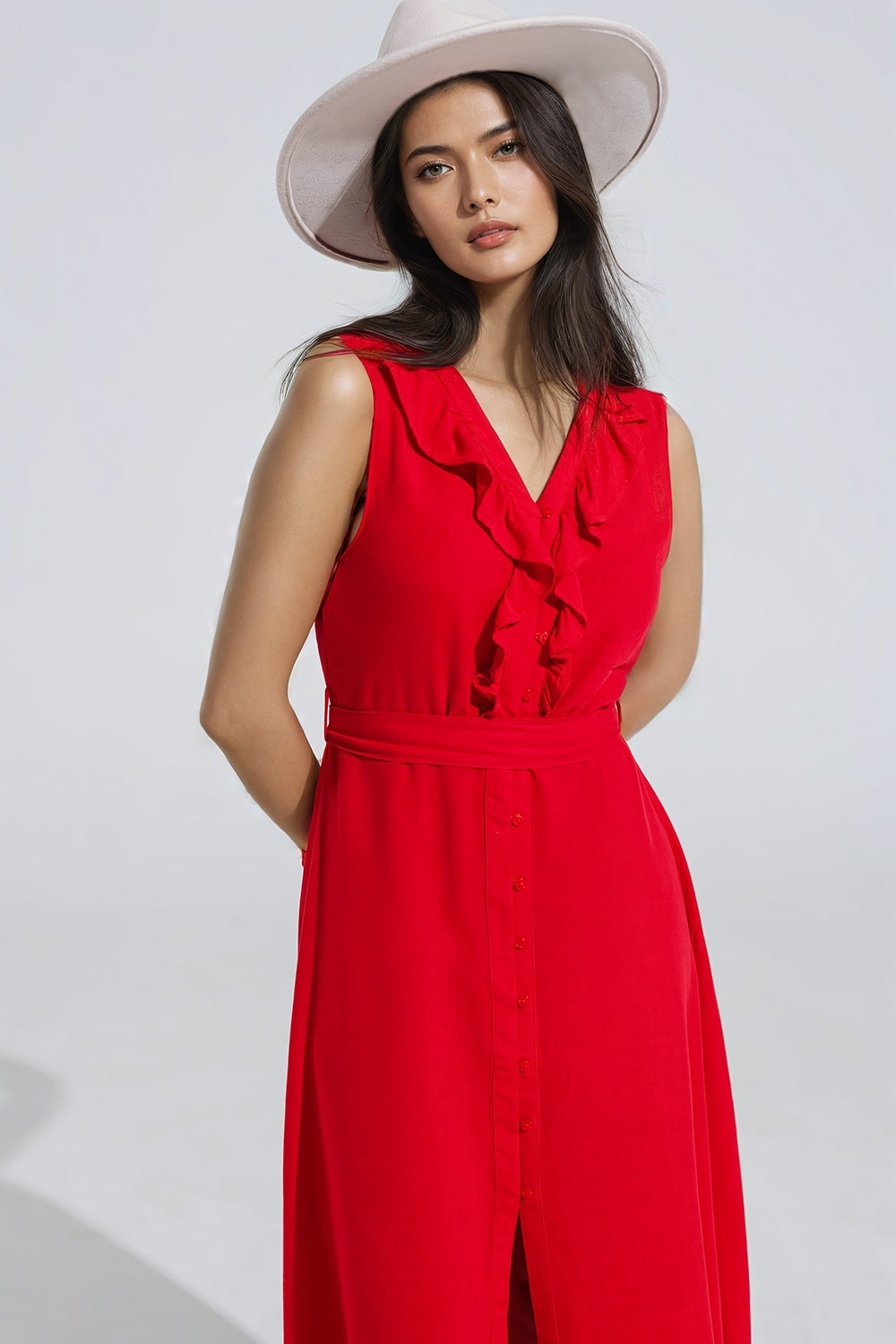 long red dress with ruffle and button detail - Dresses
