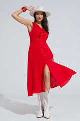 long red dress with ruffle and button detail