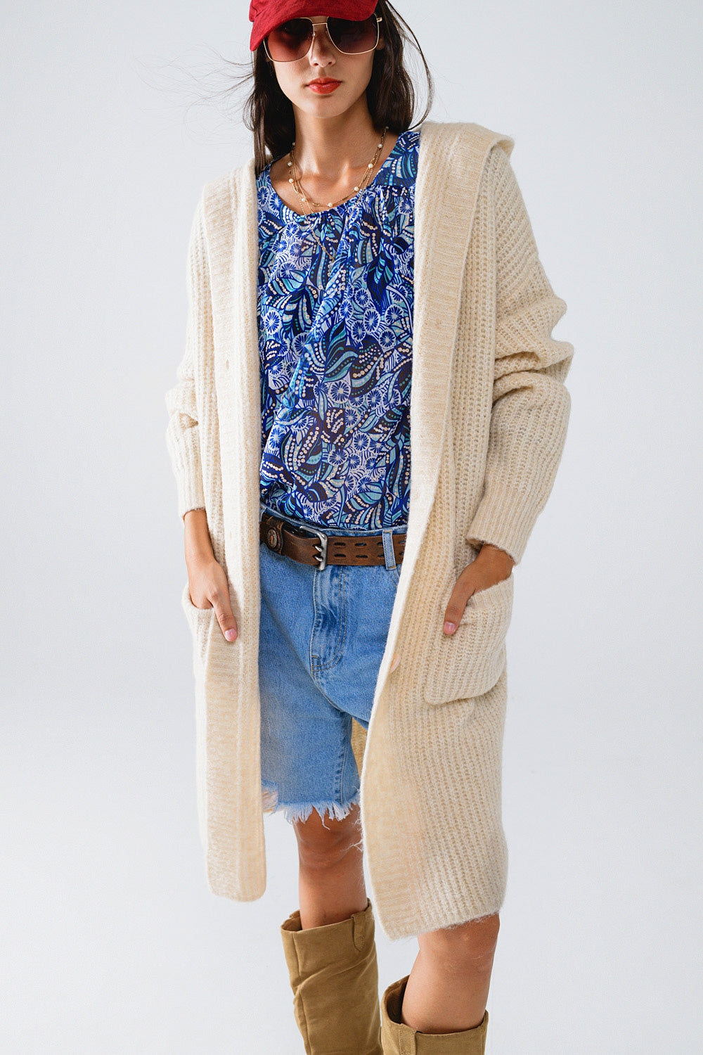 Long Ribbed Cardigan With Pockes and Hood in Cream - Cardigans