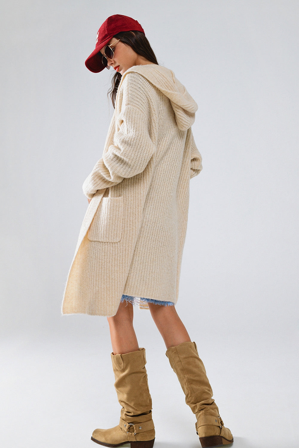 Long Ribbed Cardigan With Pockes and Hood in Cream - Cardigans
