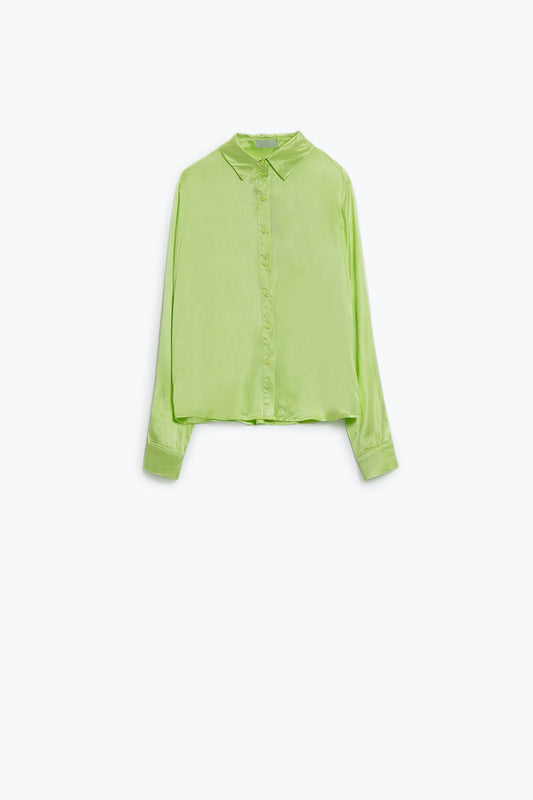 Long Sleeve Button Up satin Blouse With Polo Collar In The Color Lime - Blouses