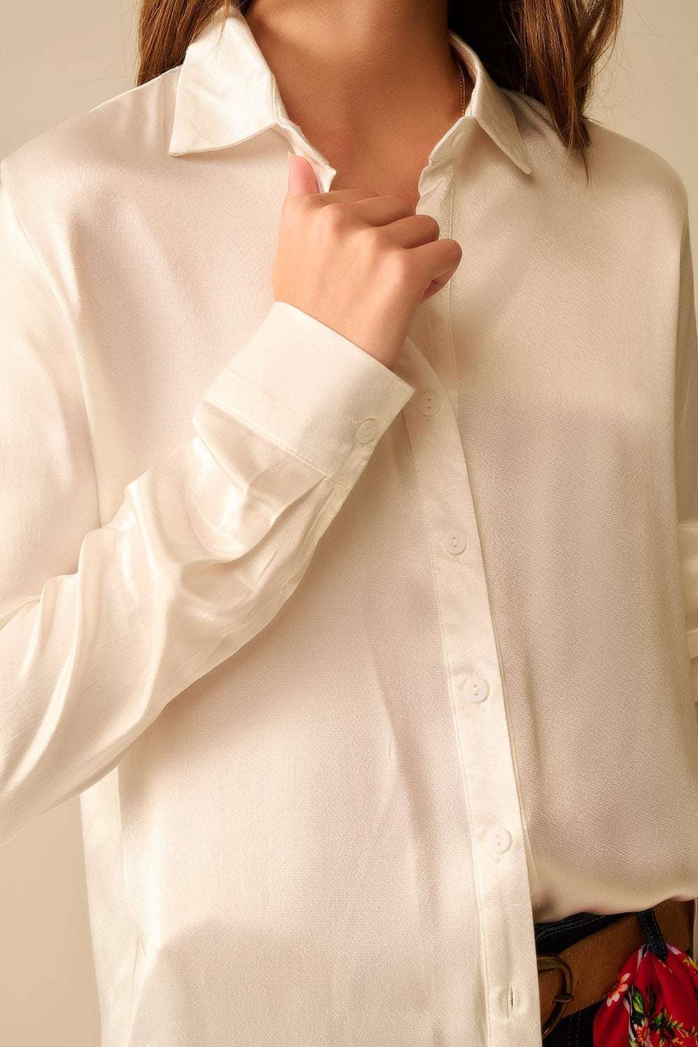 Long Sleeve Button Up satin Blouse With Polo Collar In white color - Shirts