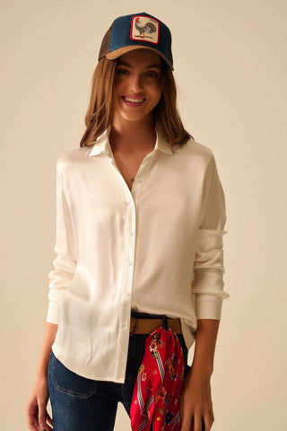 Long Sleeve Button Up satin Blouse With Polo Collar In white color