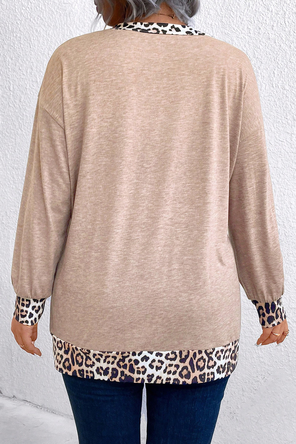 Parchment Leopard Patchwork V Neck Long Sleeve Plus Size Top - Plus Size/Plus Size Tops/Plus Size Long Sleeve Tops