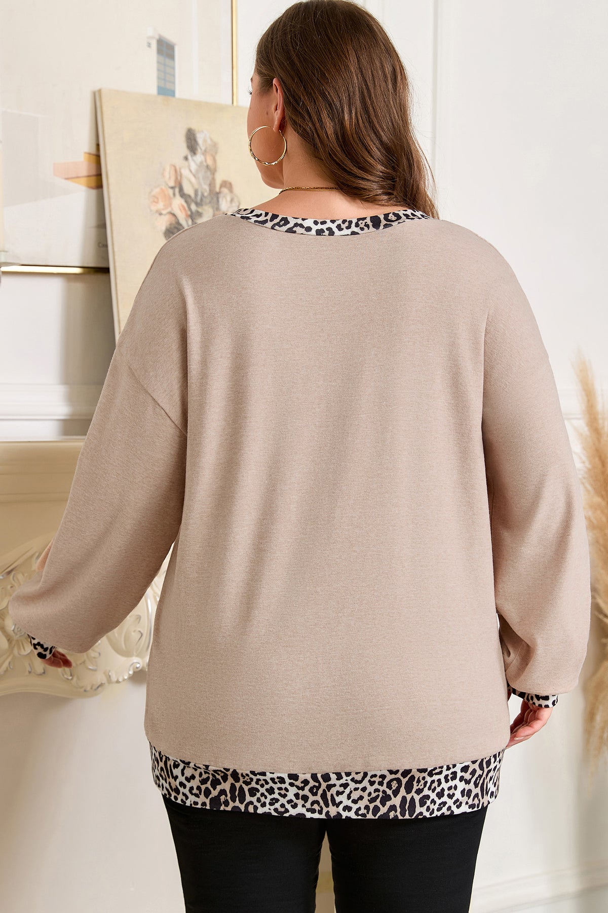 Parchment Leopard Patchwork V Neck Long Sleeve Plus Size Top - Plus Size/Plus Size Tops/Plus Size Long Sleeve Tops