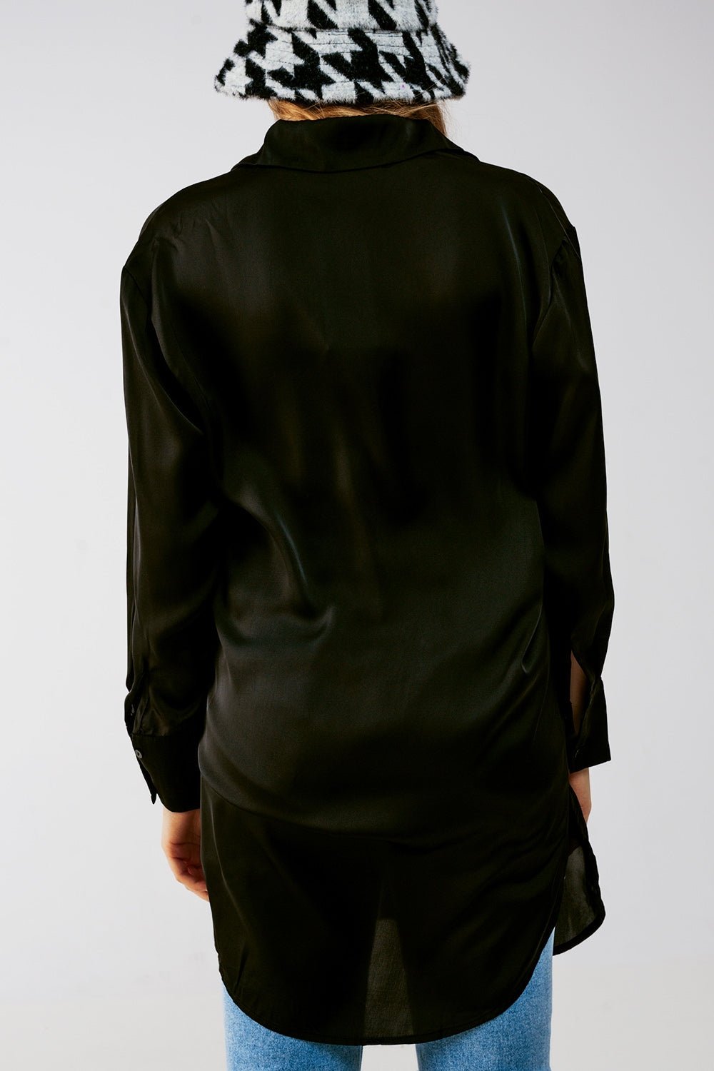 Long sleeve satin button front shirt in black - Shirts