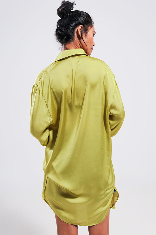 Long sleeve satin button front shirt in green - Shirts