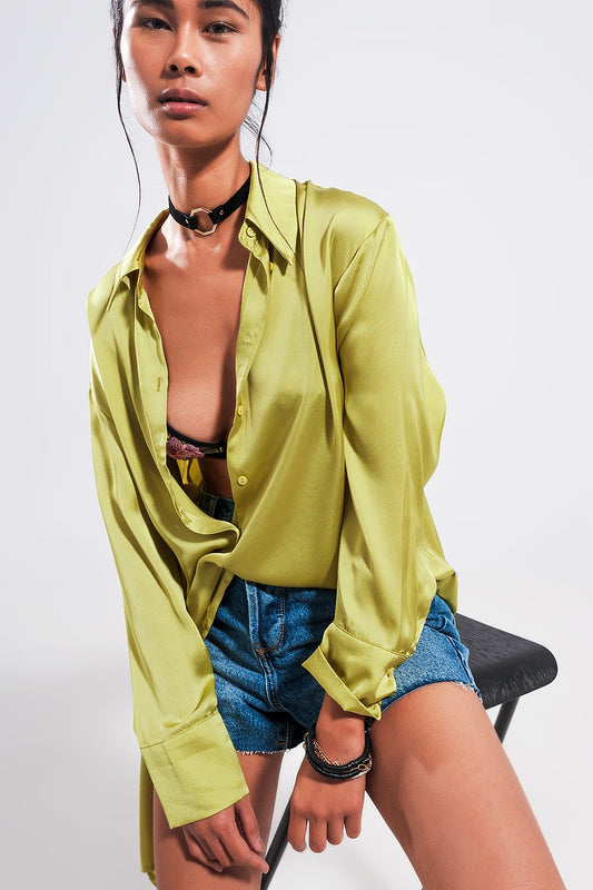 Long sleeve satin button front shirt in green - Shirts