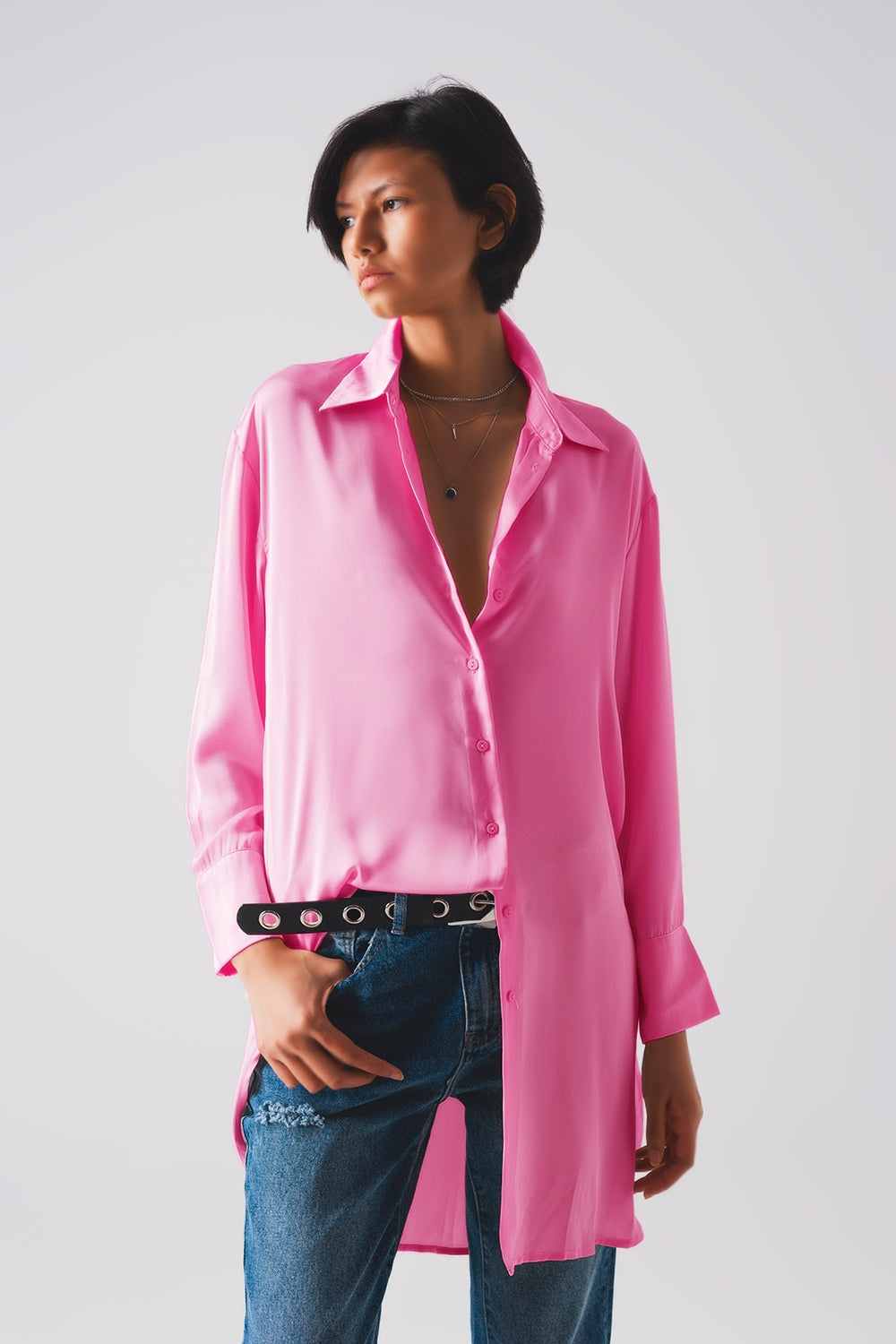 Long sleeve satin button front shirt in pink - Shirts