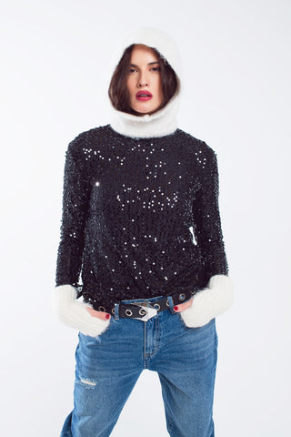 Long sleeve sequin top in black