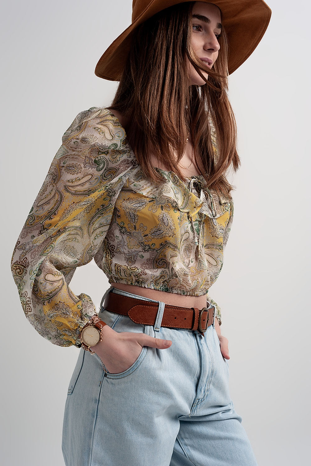 Long sleeve sheer top with shirred waist and tie detail in cachemir - Tops