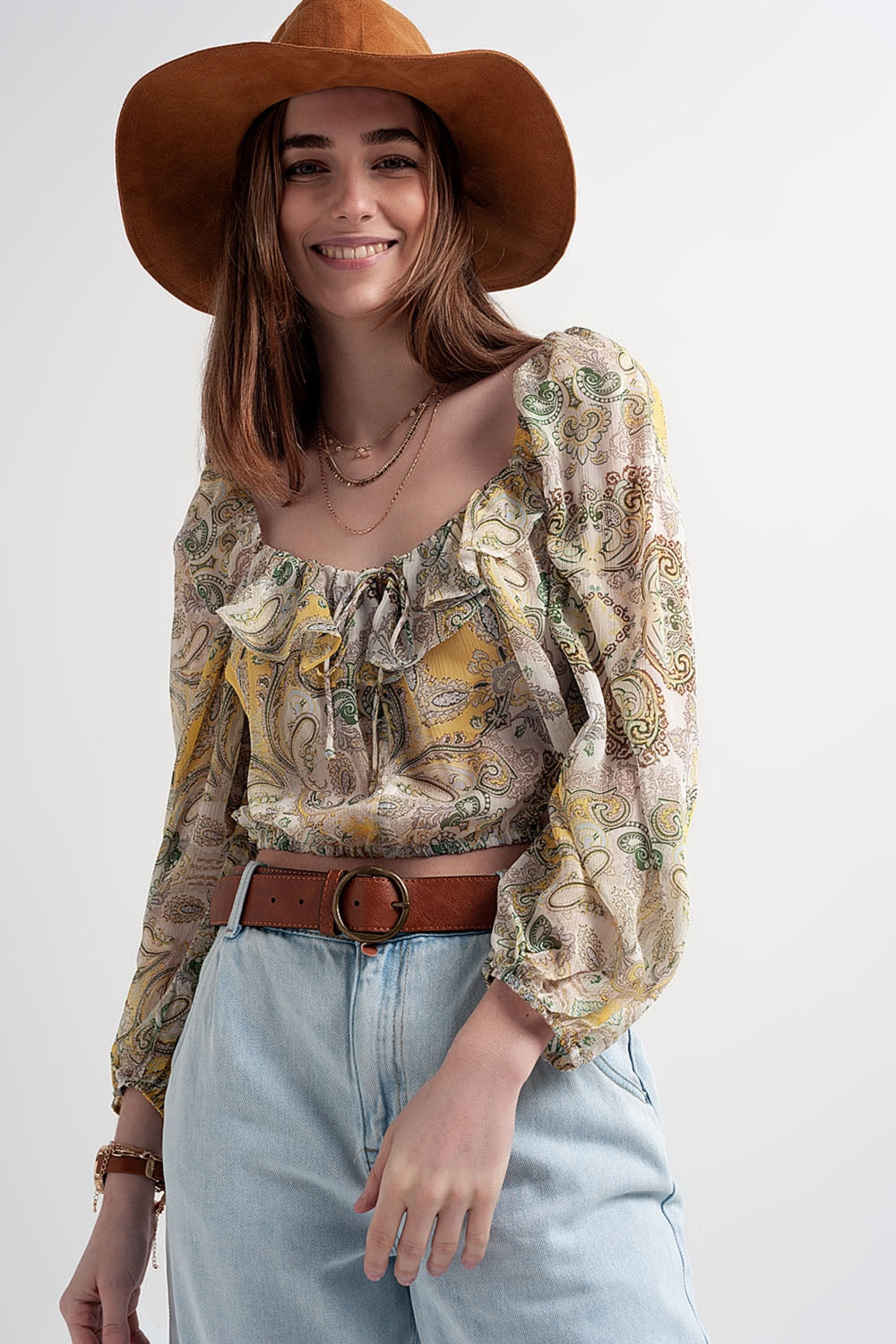 Long sleeve sheer top with shirred waist and tie detail in cachemir - Tops