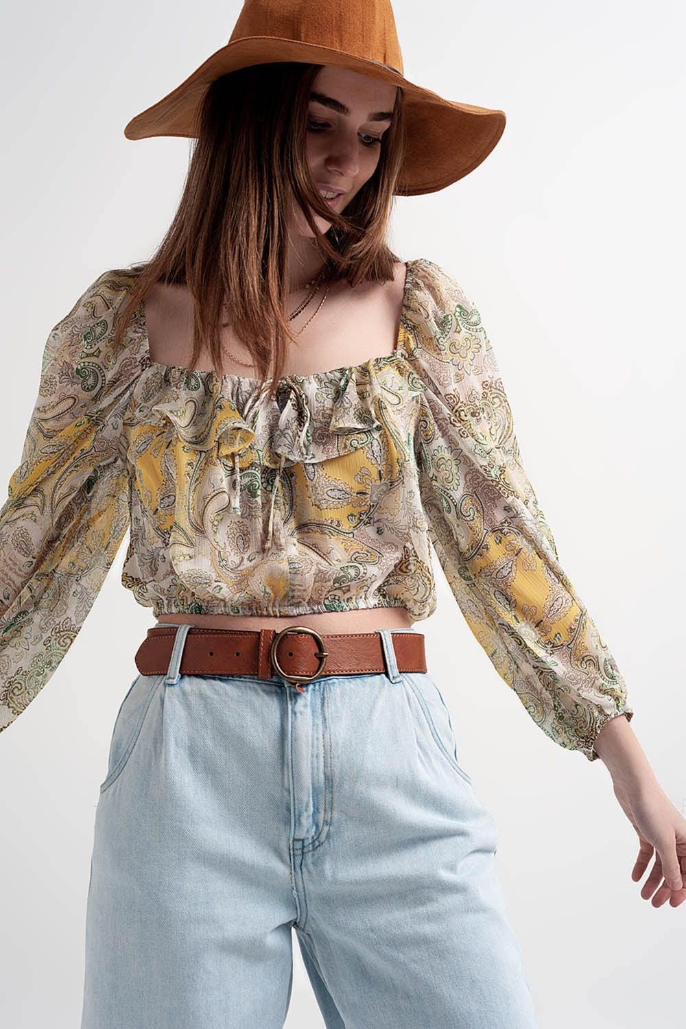 Long sleeve sheer top with shirred waist and tie detail in cachemir - Tops