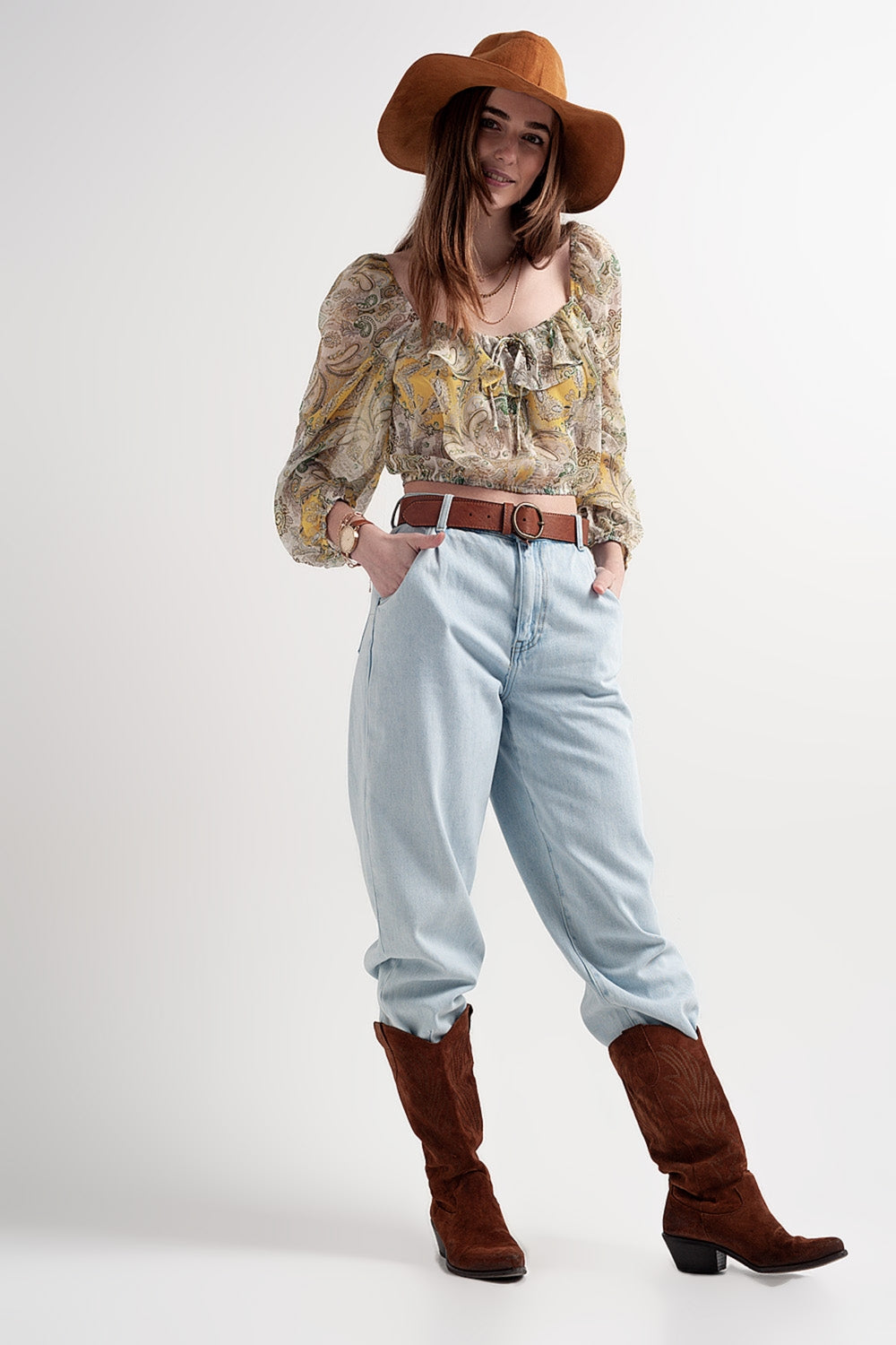 Long sleeve sheer top with shirred waist and tie detail in cachemir - Tops