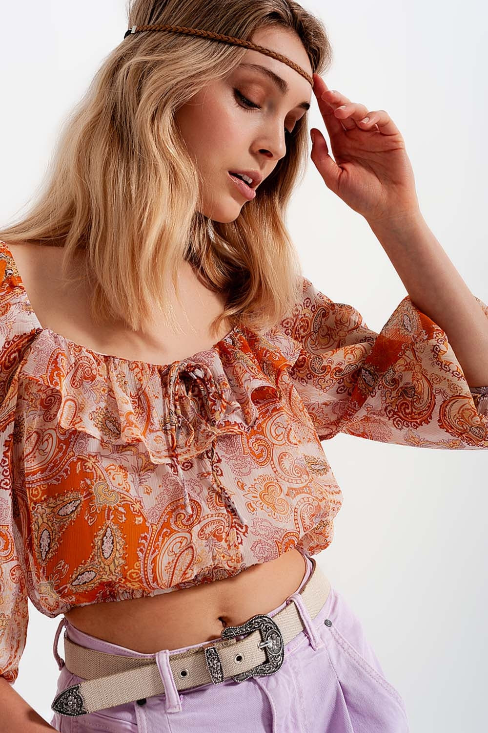 Long sleeve sheer top with shirred waist and tie detail in orange - Tops