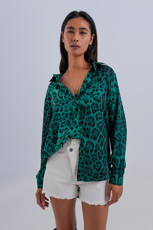 Long sleeve soft shirt in green animal print - Shirts
