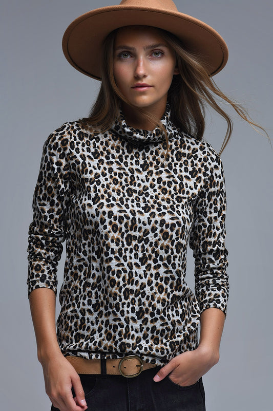 Long Sleeve Turtleneck Top in Brown Leopard Print - Tops