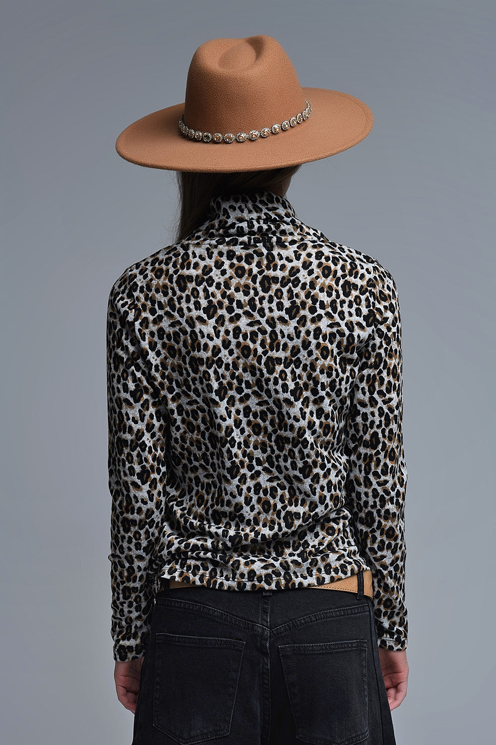 Long Sleeve Turtleneck Top in Brown Leopard Print - Tops