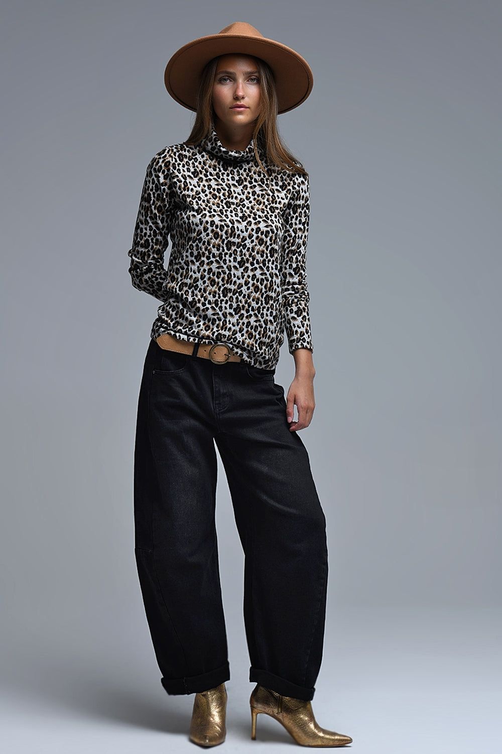 Long Sleeve Turtleneck Top in Brown Leopard Print - Tops