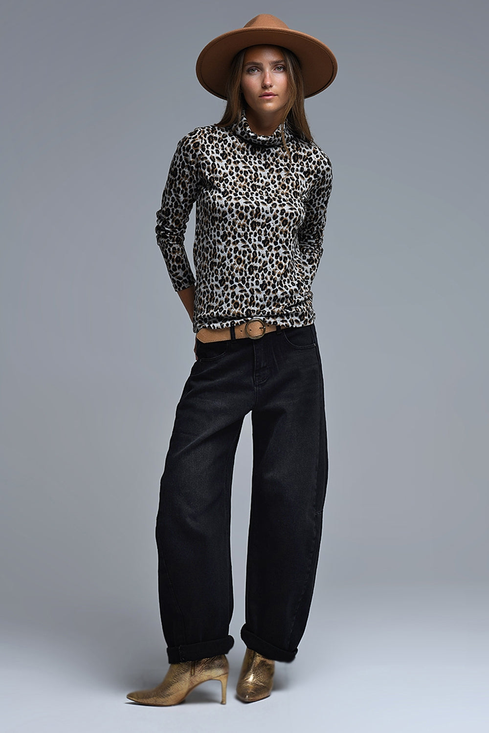 Long Sleeve Turtleneck Top in Brown Leopard Print - Tops