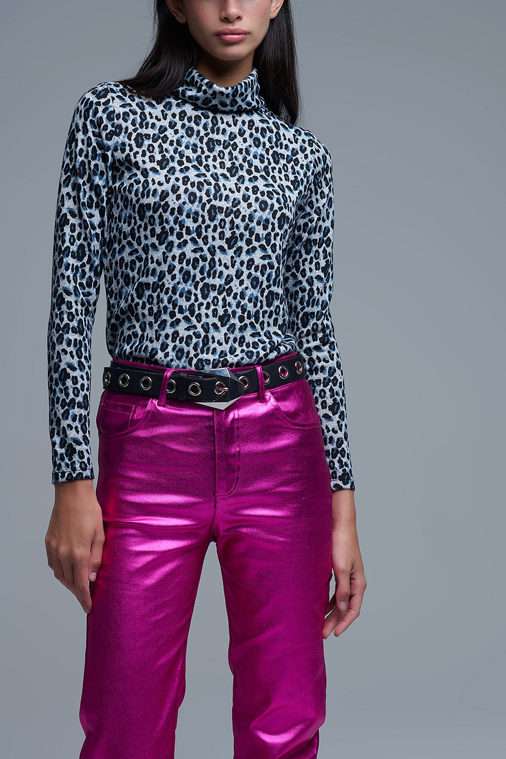 Long Sleeve Turtleneck Top in Grey Leopard Print - Tops