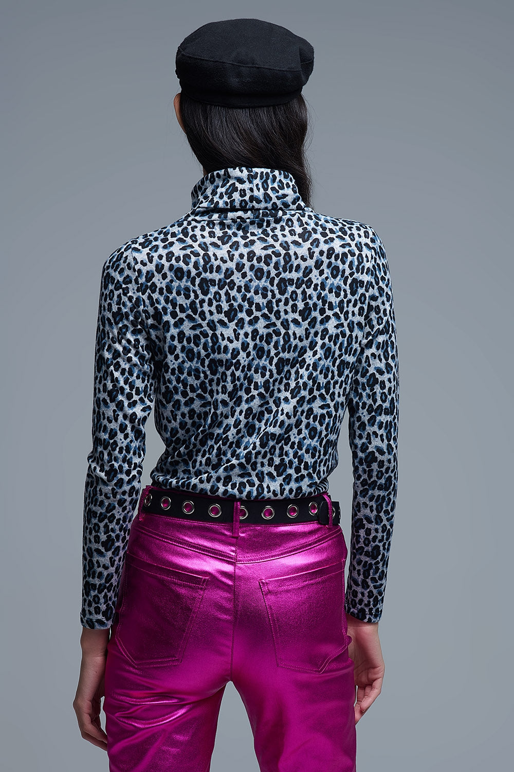Long Sleeve Turtleneck Top in Grey Leopard Print - Tops