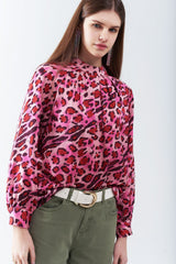 Blusa de manga comprida com estampado de leopardo fúcsia da moda