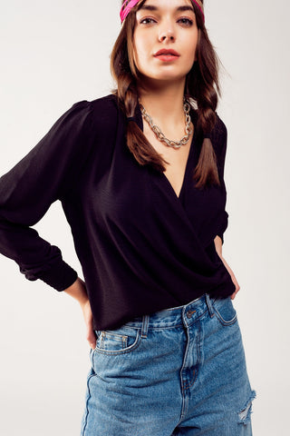Long sleeved wrap satin blouse in black