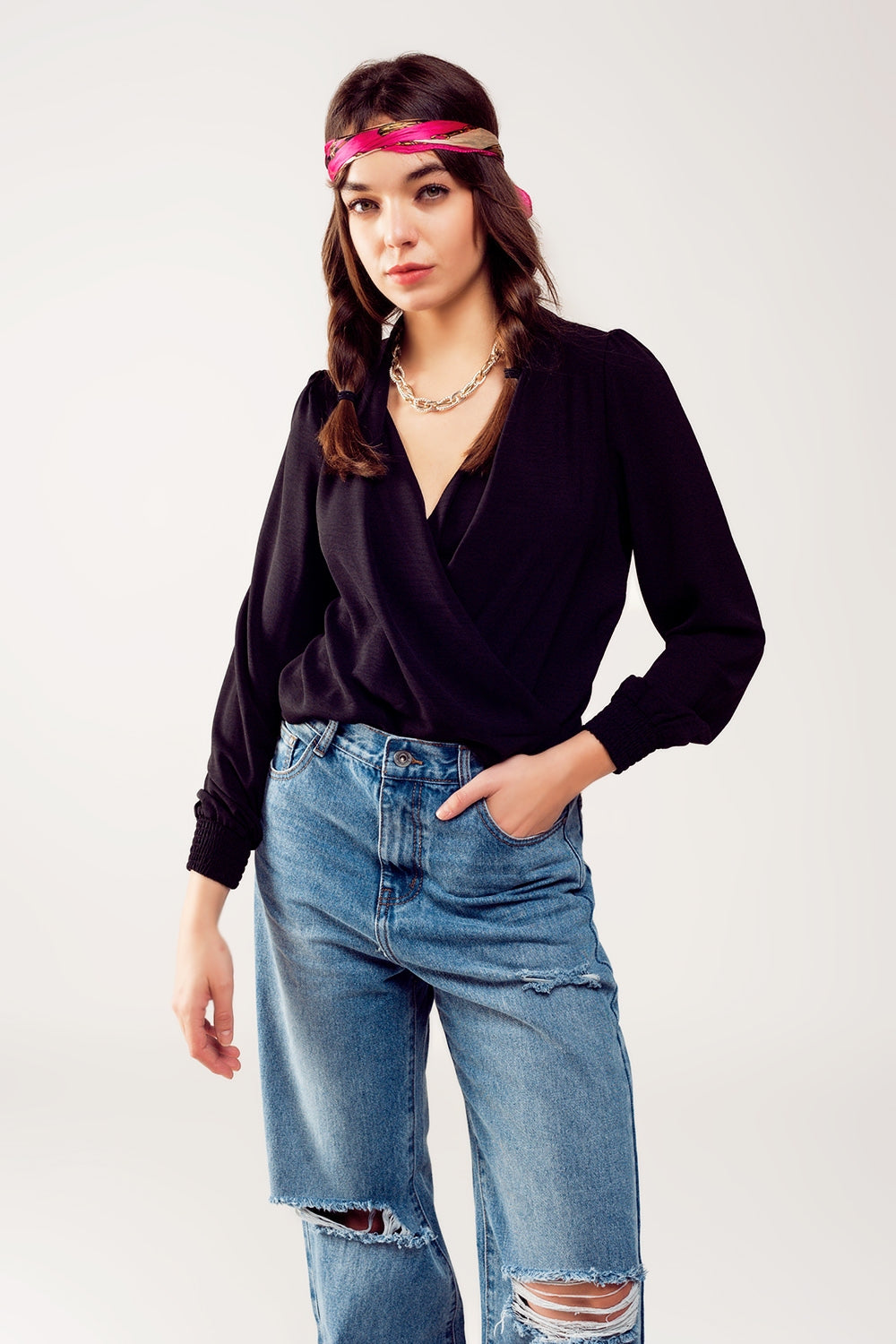 Long sleeved wrap satin blouse in black - Blouses