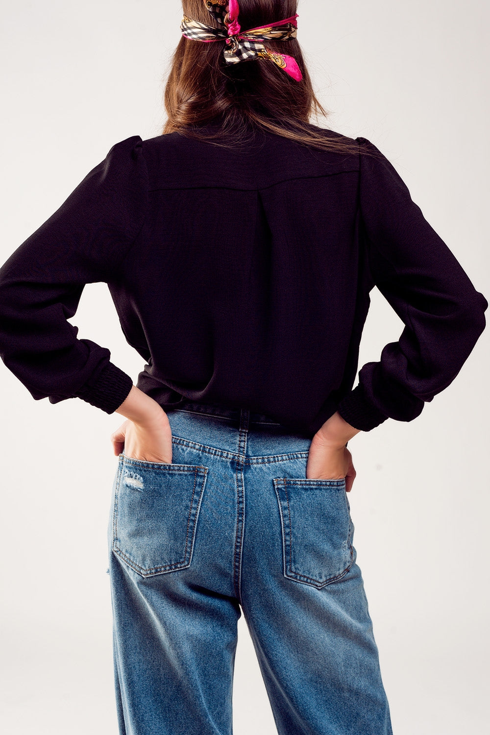 Long sleeved wrap satin blouse in black - Blouses