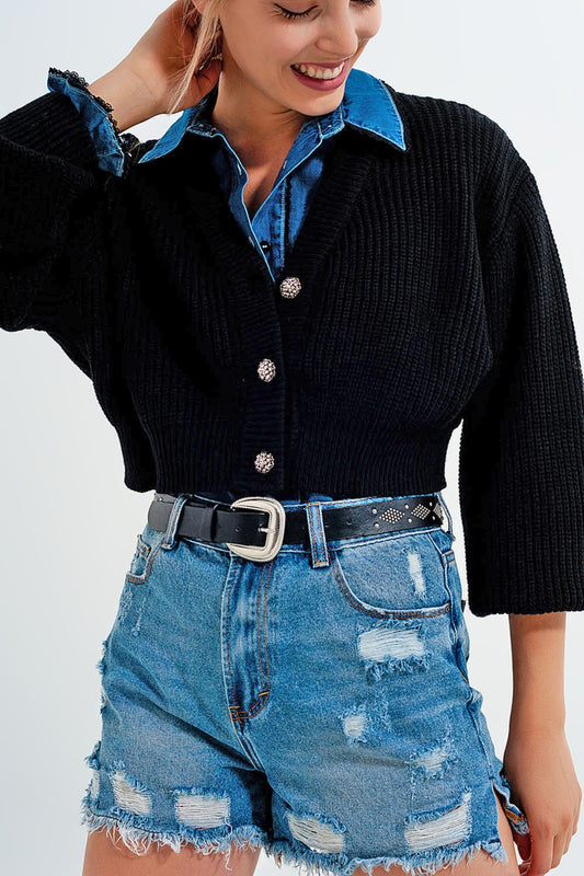 Long sleeves black cardigan with strass button detail - Cardigans