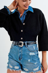 Long sleeves black cardigan with strass button detail