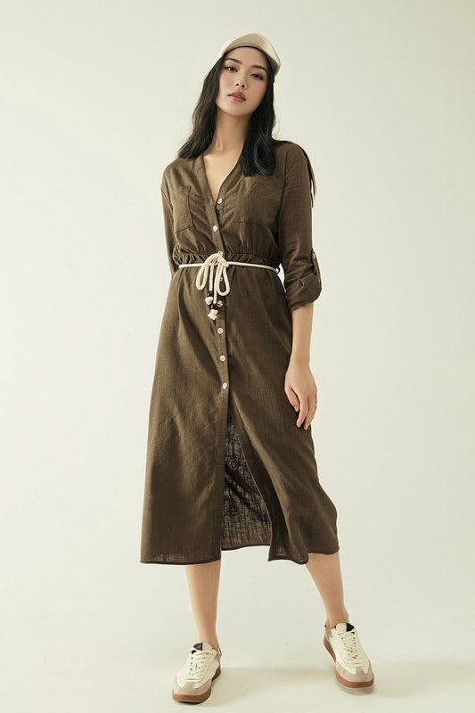 Long sleeves Khaki shirt dress with button closure - Dresses