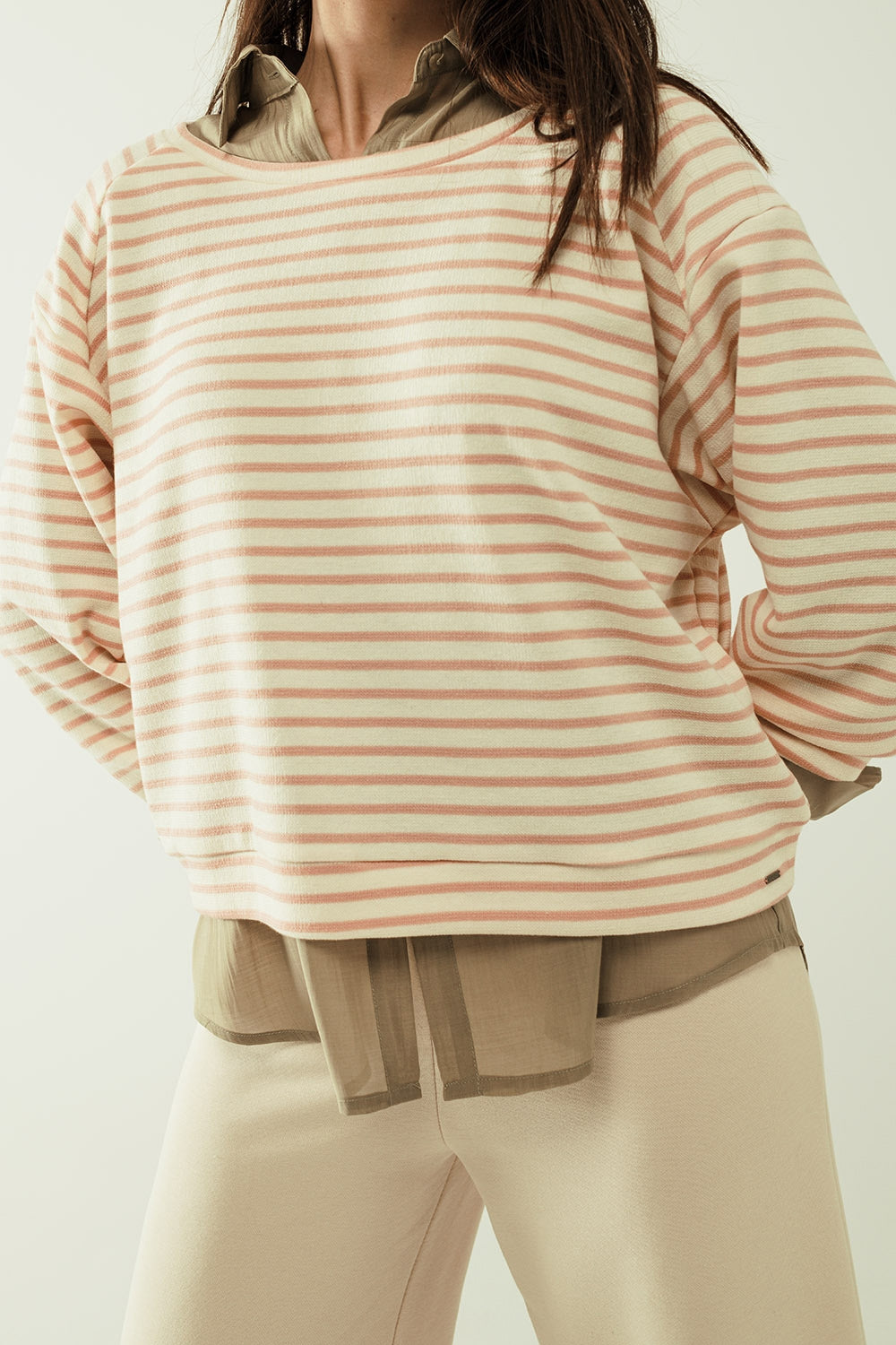 Long sleeves white sweater with pink stripes and a boat neck - Jumpers