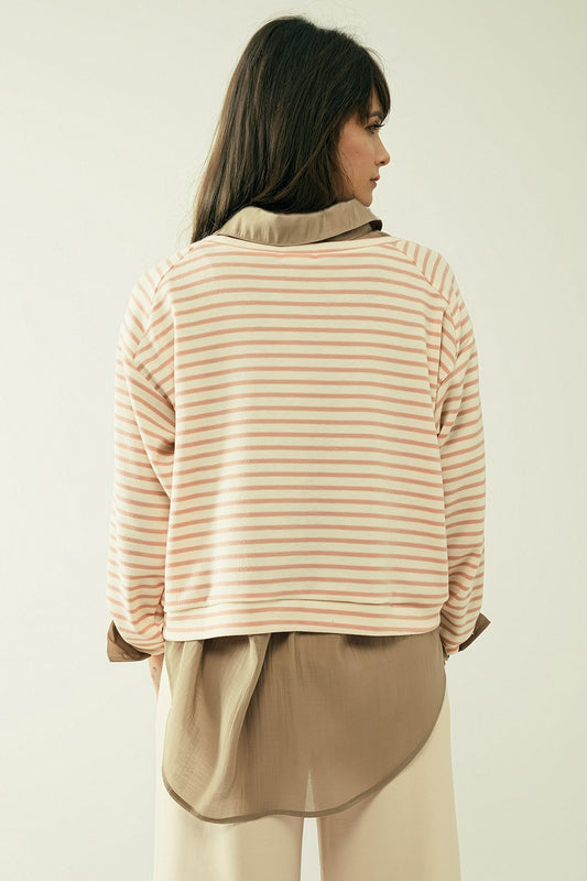 Long sleeves white sweater with pink stripes and a boat neck - Jumpers