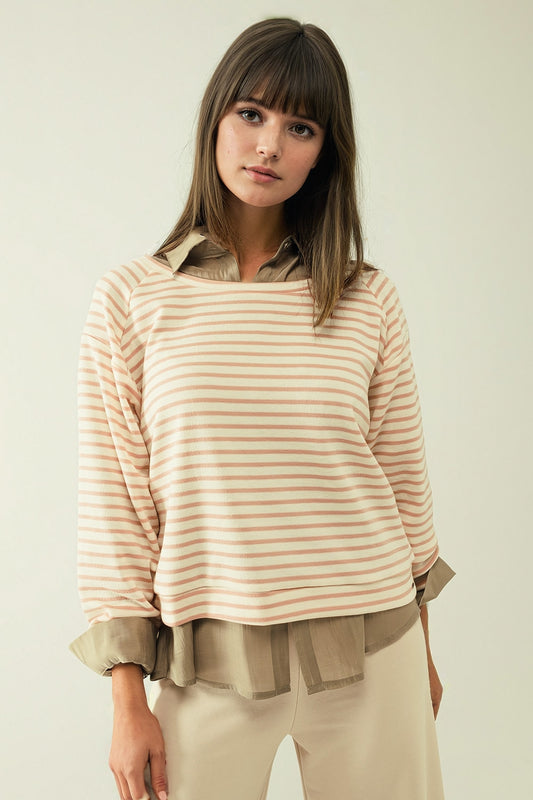 Long sleeves white sweater with pink stripes and a boat neck - Jumpers