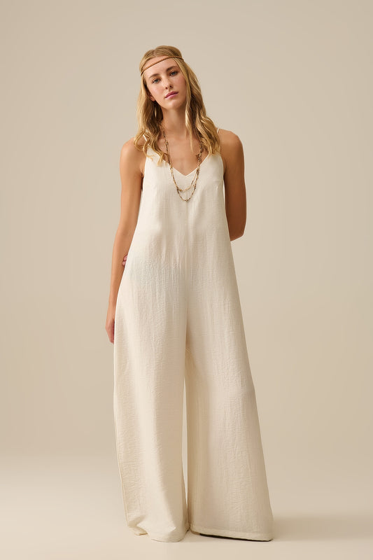 Long Textured Jumpsuit with Beaded Straps in Cream - Jumpsuits