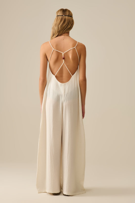 Long Textured Jumpsuit with Beaded Straps in Cream - Jumpsuits