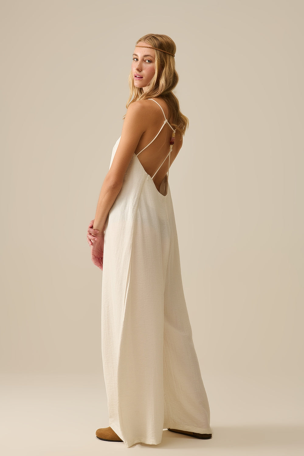 Long Textured Jumpsuit with Beaded Straps in Cream - Jumpsuits