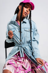 Longline denim jacket with belt in light blue wash