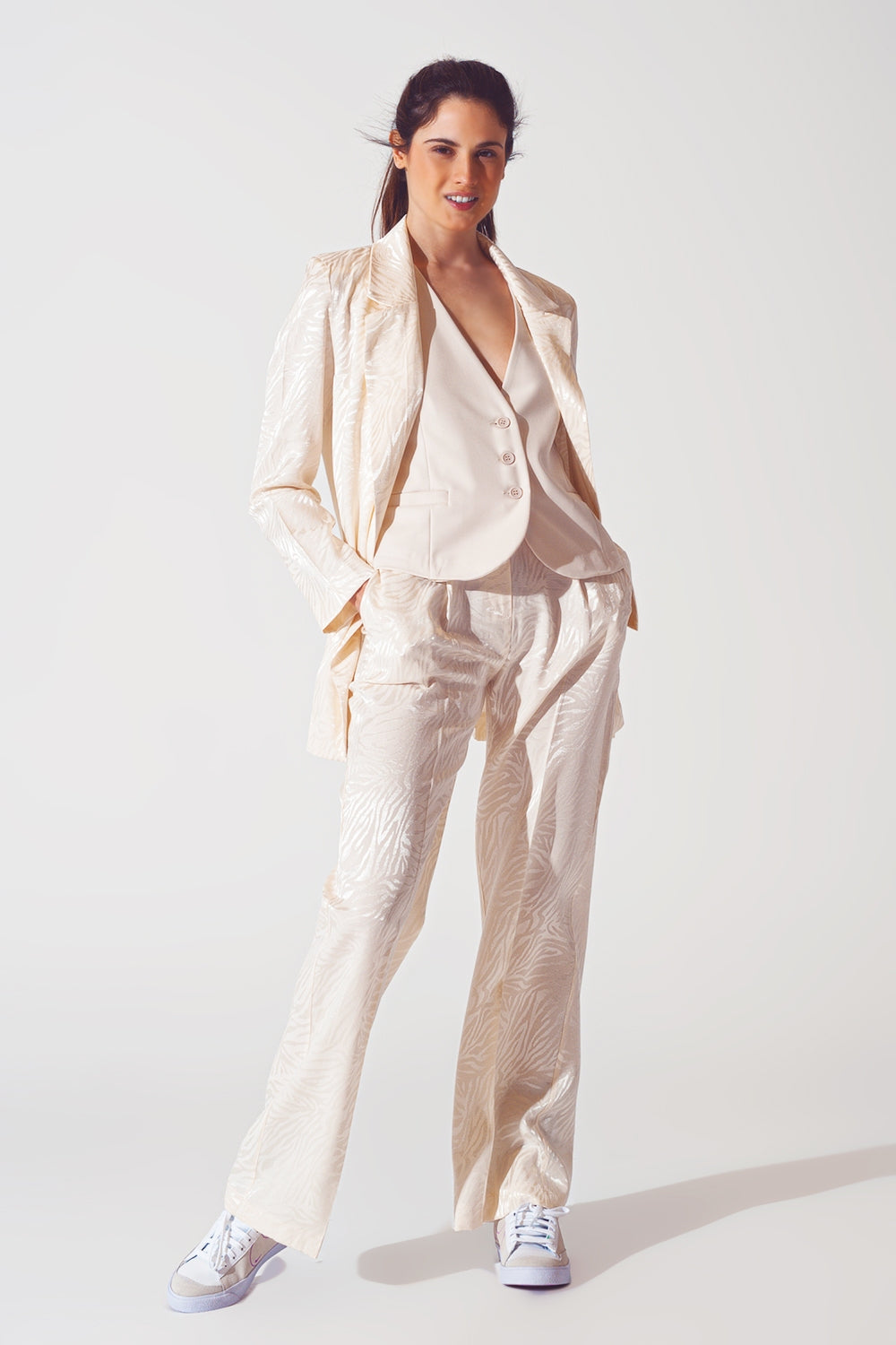 Loose Fit Zebra Print Pants in White - Trousers